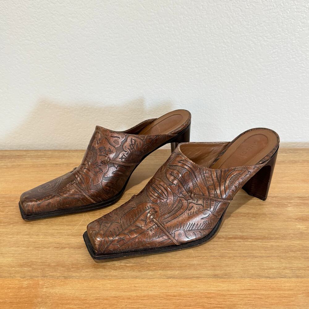 Antonio Melani Tango Brown Leather Western Heeled Mules Women's Size 8.5